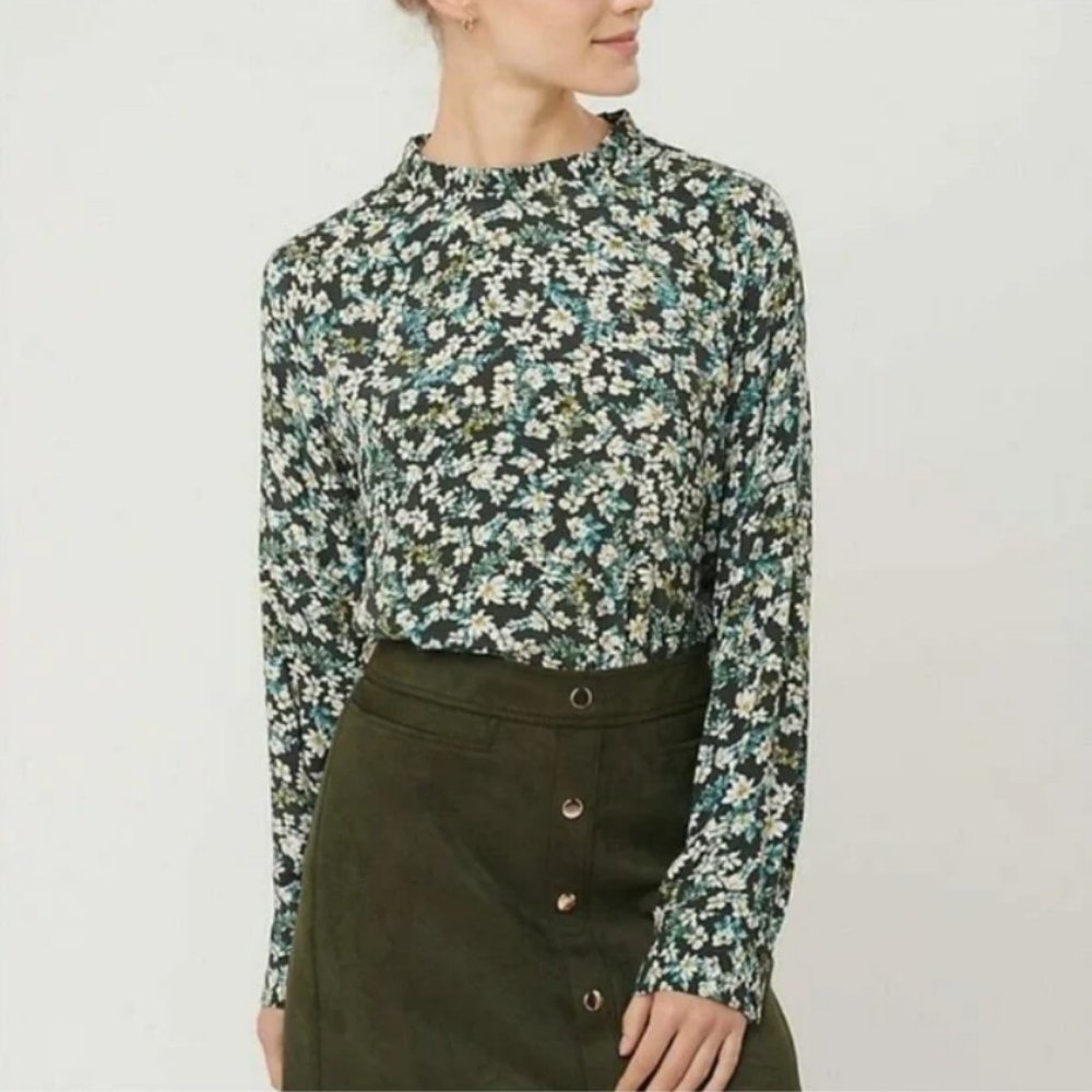 LOFT Floral Pleated Collar Long Sleeve Blouse Green Black Cream M